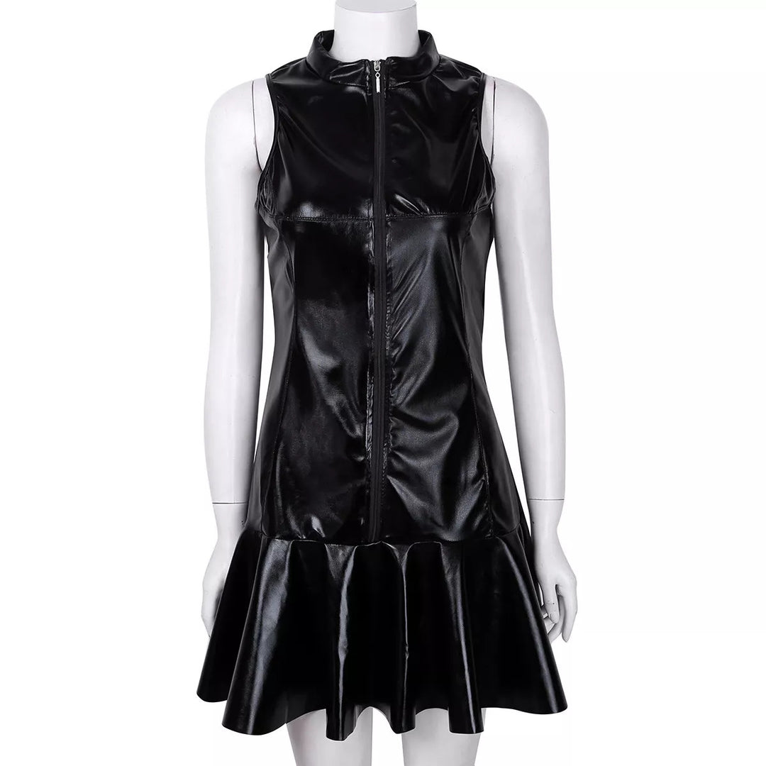 Damen Mini-Kleid im aufregenden Lederlook mit Reißverschluss und schwingendem Saum Echo Archiv