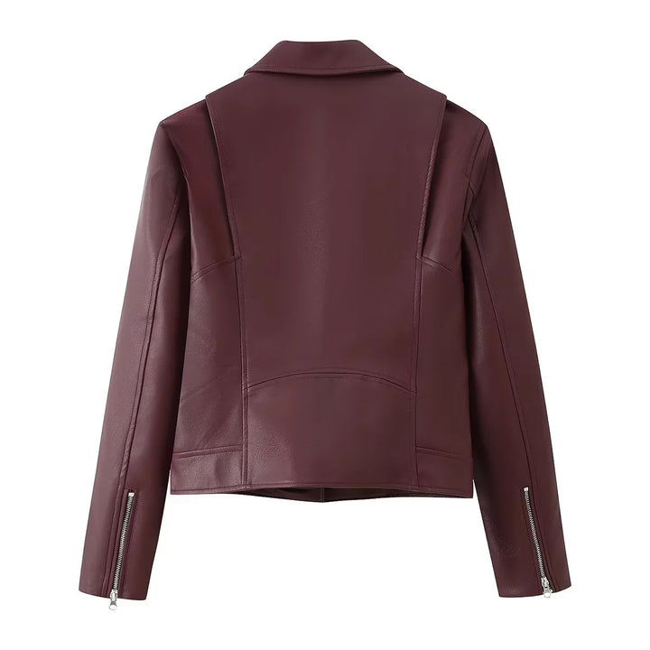 Damen taillierte Bikerjacke aus veganem Lederimitat mit asymmetrischem Reißverschluss – Célinea