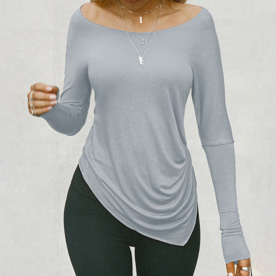 Damen Asymmetrisches Langarmshirt mit U-Boot-Ausschnitt, seitlicher Raffung und schrägem Saum – Avérine
