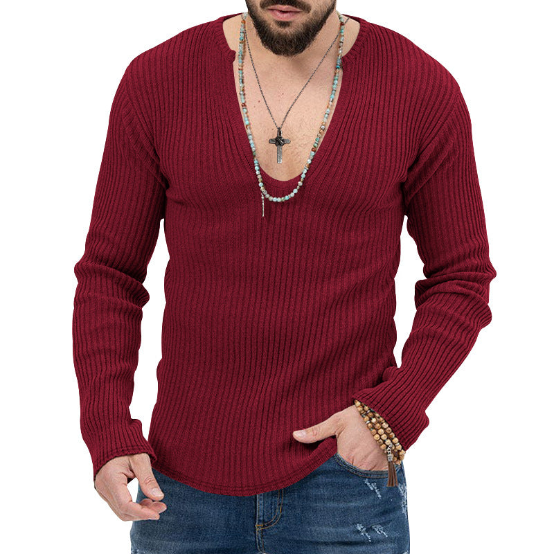 Herren lässiger Ripp-Pullover mit tiefem V-Ausschnitt und feiner Struktur Echoarchiv