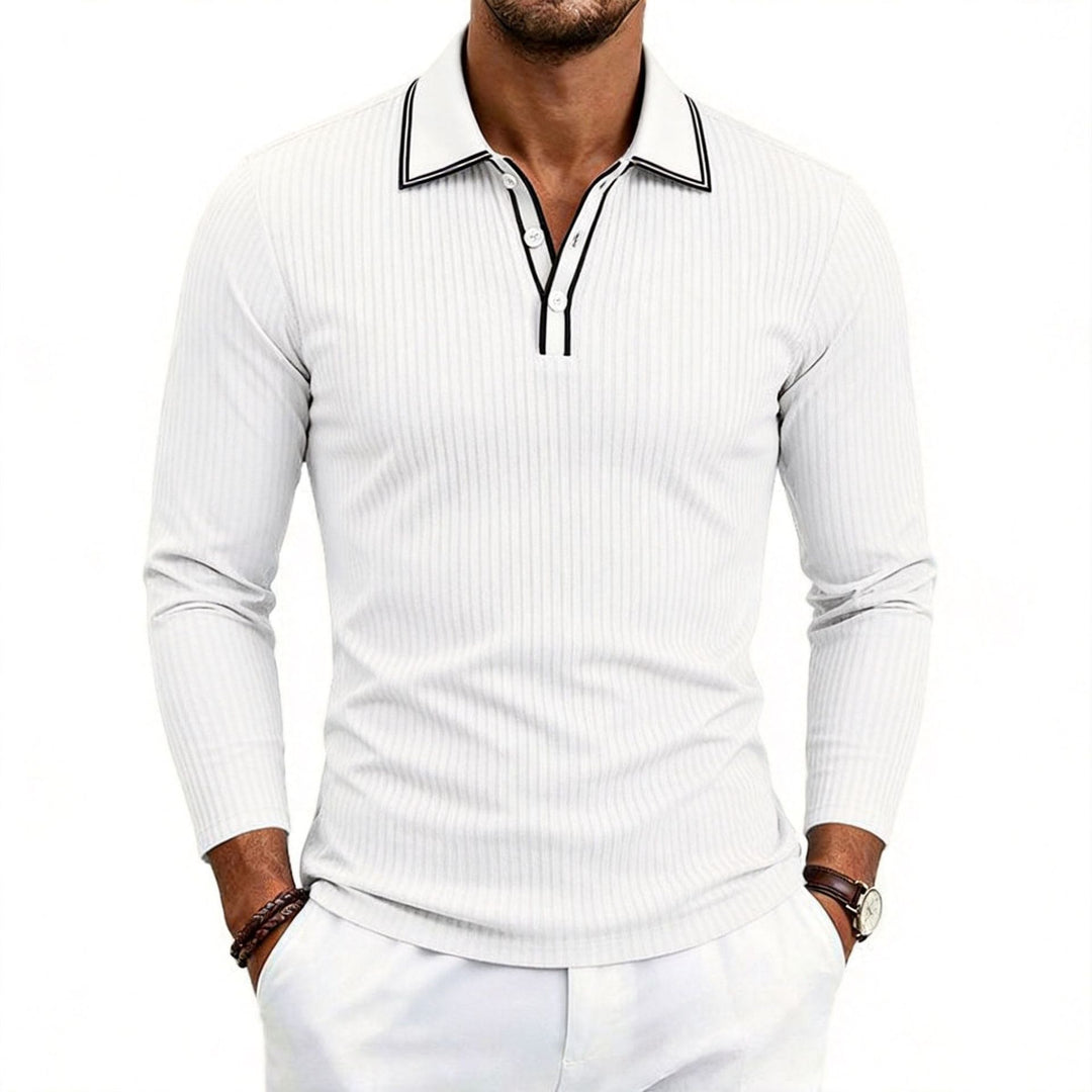 Herren fein geripptes Langarm-Poloshirt aus elastischer Merino-Mixqualität mit Kontrastkanten – Cavello