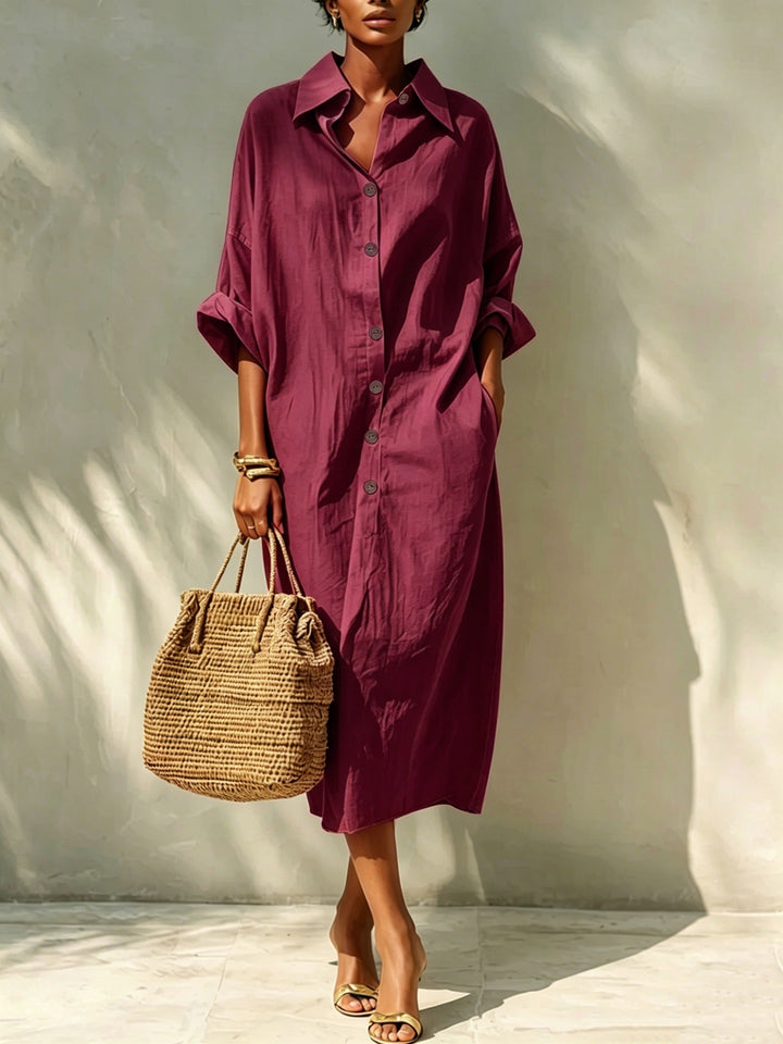 Damen Langes Oversize-Hemdblusenkleid mit Kentkragen und durchgehender Knopfleiste – Valéora