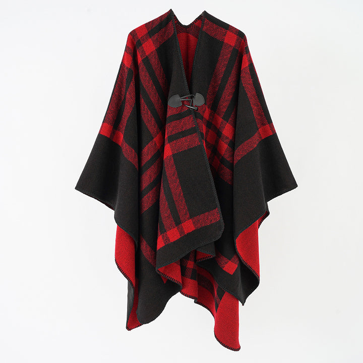 Damen Reversibler Wollmix-Poncho mit Knebelverschluss und Karomuster Echo Archiv