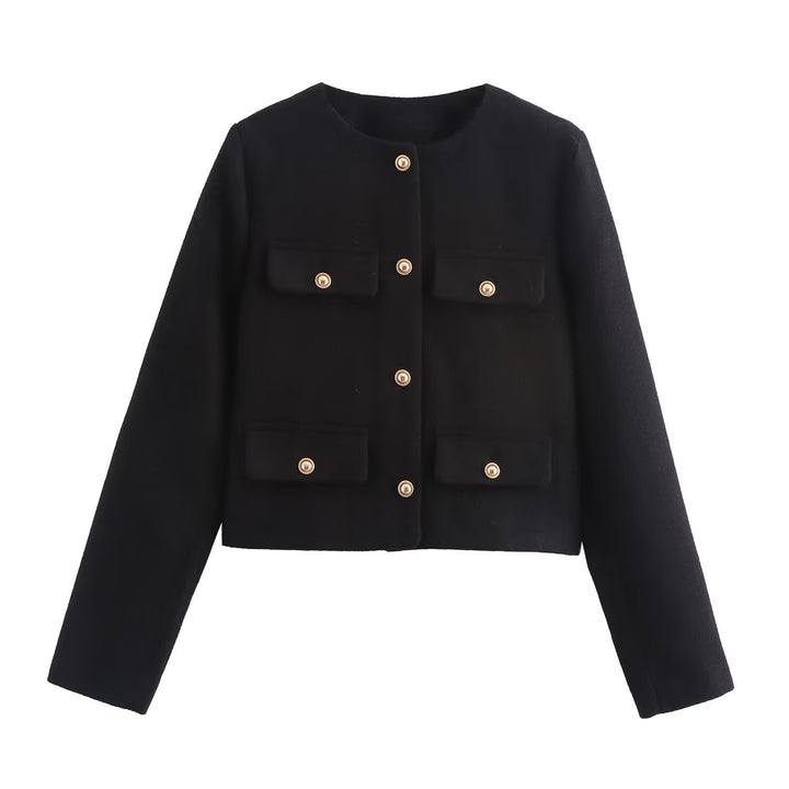 Damen Kurze Bouclé-Blazerjacke mit Rundhalsausschnitt, Zierleistentaschen und goldfarbenen Knöpfen Echo Archiv