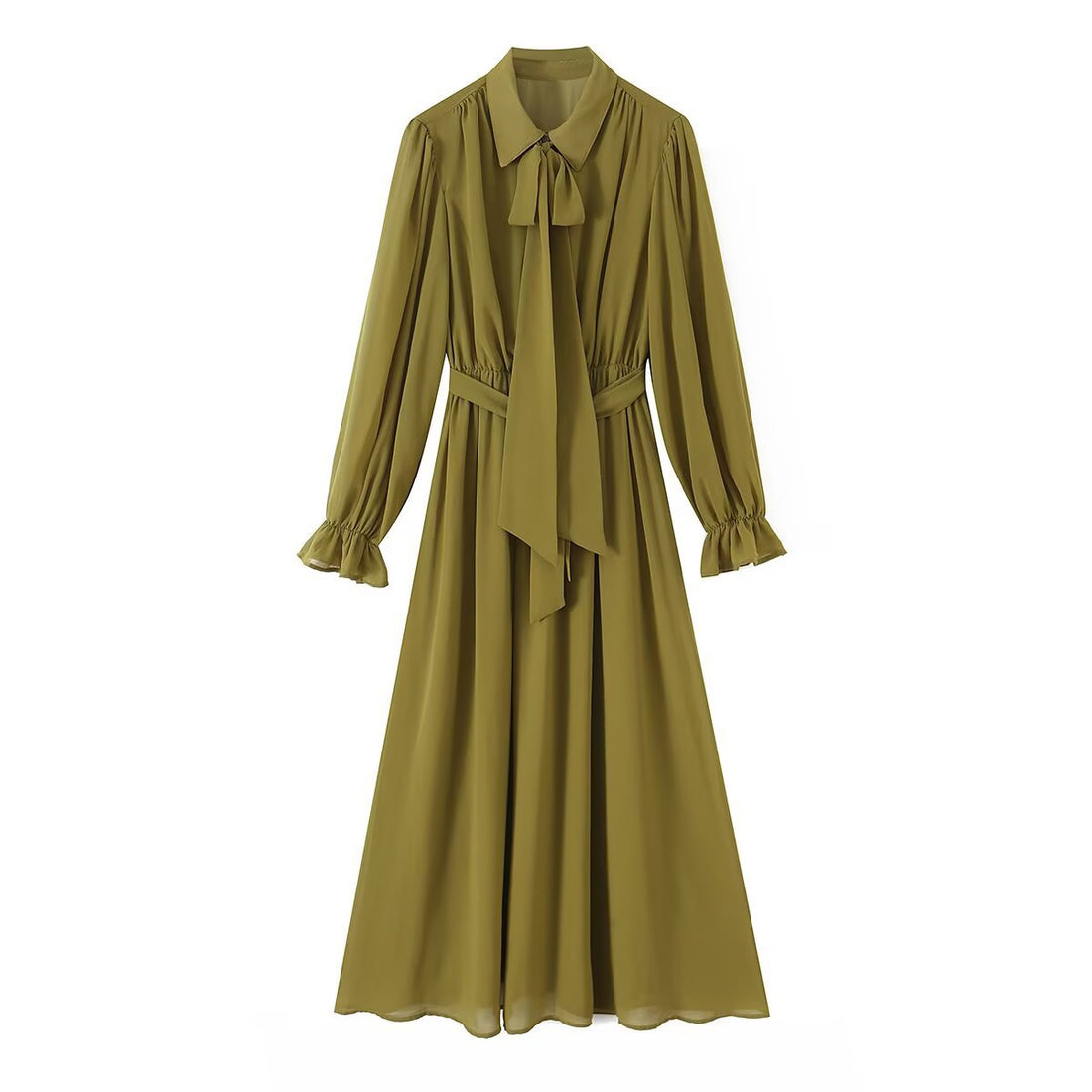 Damen Chiffon‑Maxikleid mit Bindeschleife, tailliertem Knotenband und Rüschenärmeln Echoarchiv