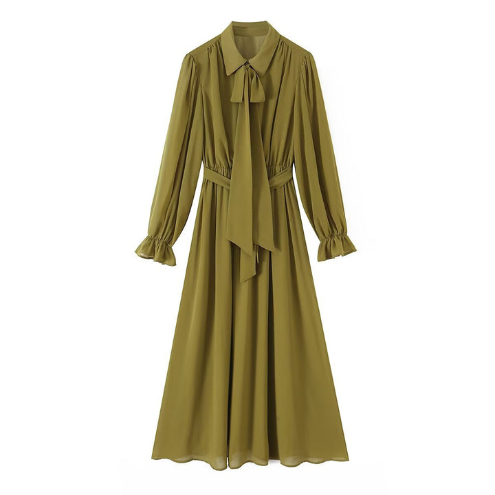 Damen Chiffon‑Maxikleid mit Bindeschleife, tailliertem Knotenband und Rüschenärmeln Echoarchiv