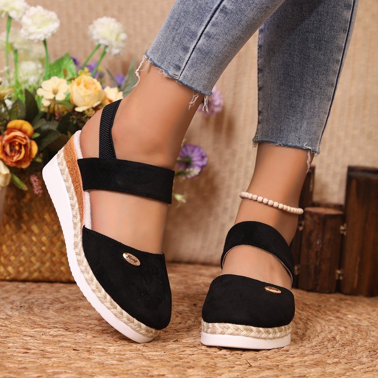 Damen  Espadrille-Keilpantoletten mit elastischem Fersenriemen, Veloursoptik-Obermaterial und geflochtenem Jute-Plateau Echo Archiv