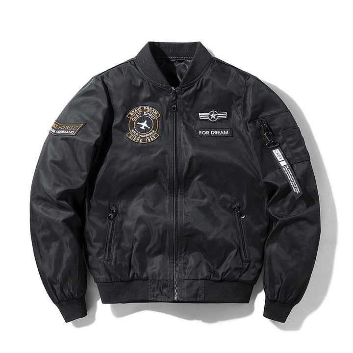 Men's military-inspired bomber jacket with embroidered mission patches – Brevano