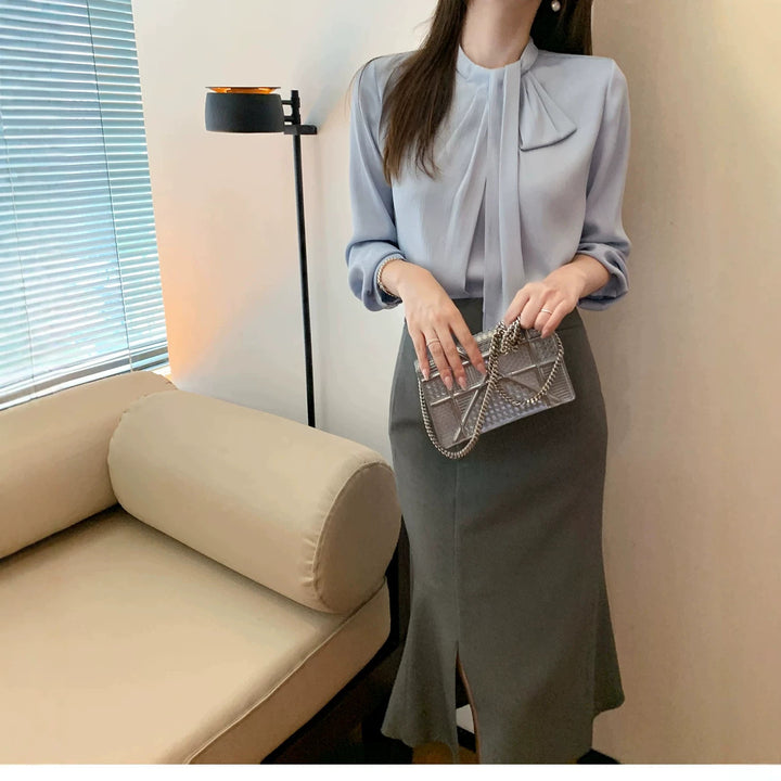Damen Elegante und figurbetonte Bluse mit Schleifendetail Echoarchiv
