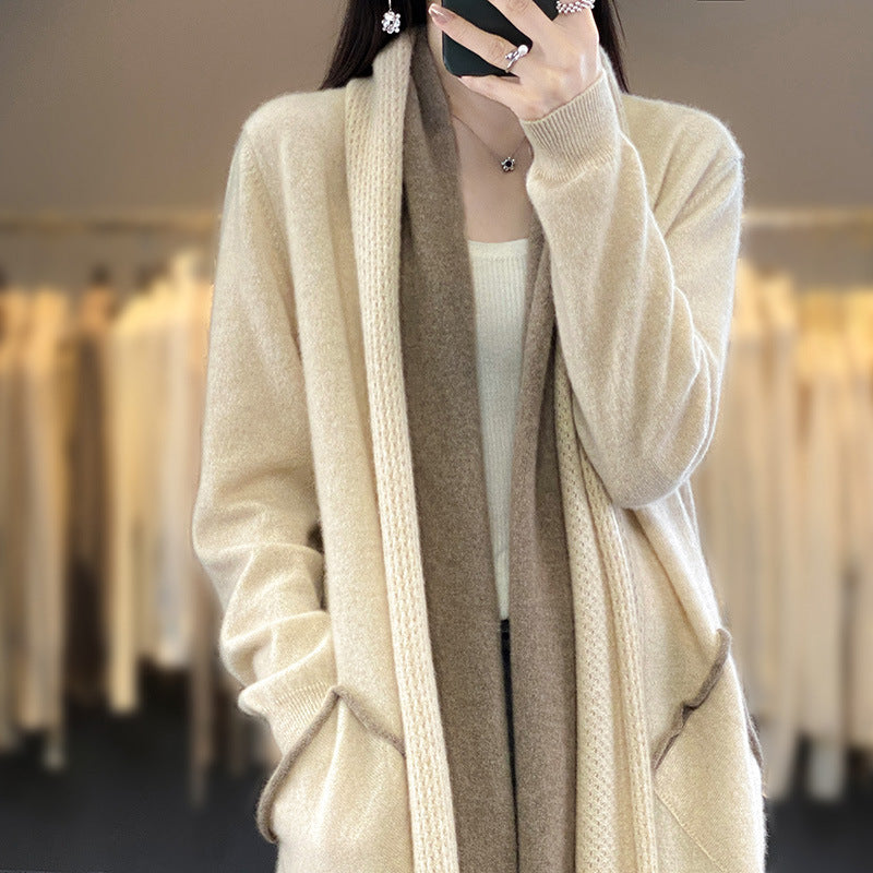 Damen Langer offener Cardigan in Kaschmir‑Look mit Schalkragen und Eingriffstaschen Echoarchiv