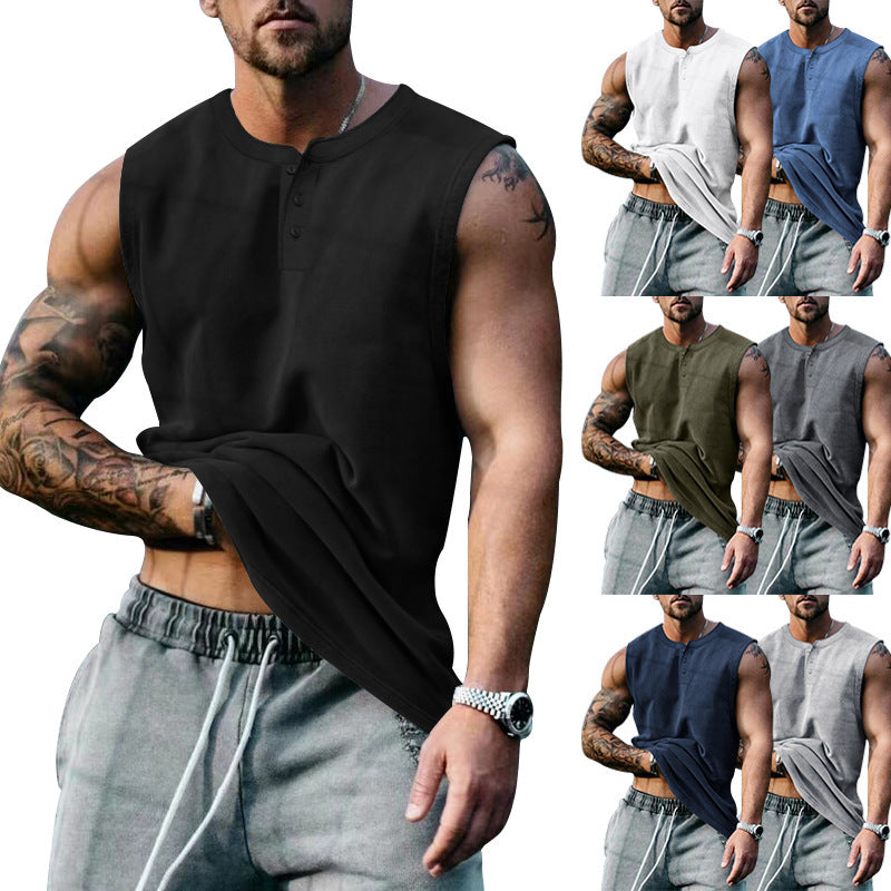 Herren ärmelloses Henley-Tanktop aus weichem Baumwollmix mit Knopfleiste Echoarchiv