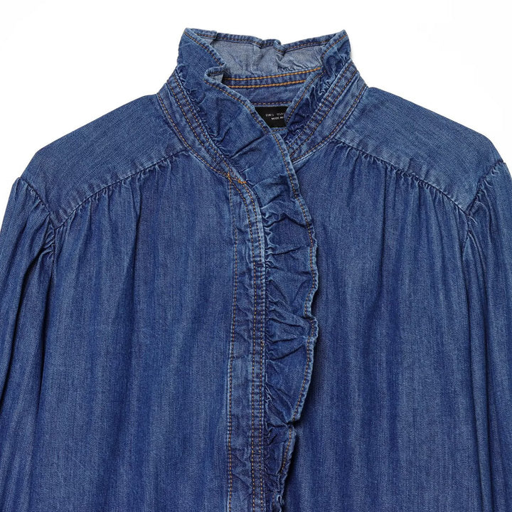 Damen Denim-Bluse mit Rüschenknopfleiste und Stehkragen Echoarchiv