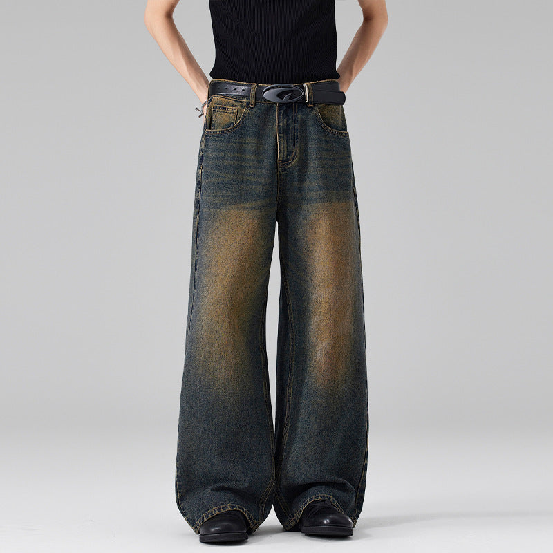 Damen Ultraweite Bodenlange Denim-Palazzohose mit skulpturaler Weite und soften Bleach-Akzenten Echo Archiv