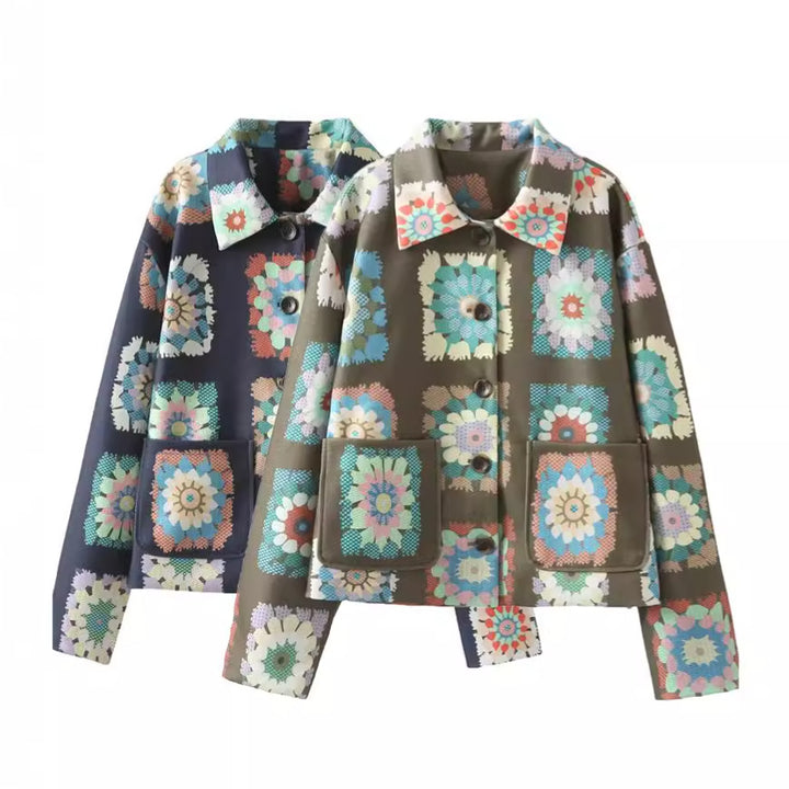 Damen nan gemusterte kurze Boxy-Jacke mit floralen Patchwork-Quadraten Echo Archiv