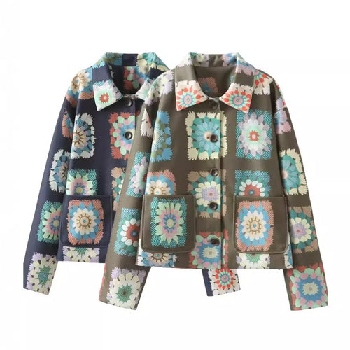 Damen nan gemusterte kurze Boxy-Jacke mit floralen Patchwork-Quadraten Echo Archiv