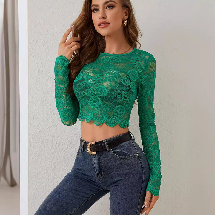 Damen nan kurz geschnittenes florales Spitzen-Crop-Top mit Rundhalsausschnitt, langen Ärmeln und gewelltem Saum Echo Archiv