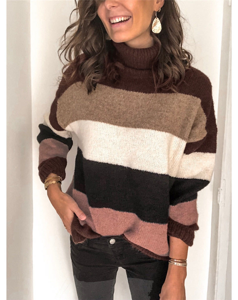 Damen Oversize Rollkragenpullover mit breiten Blockstreifen und weichem Strick Echoarchiv
