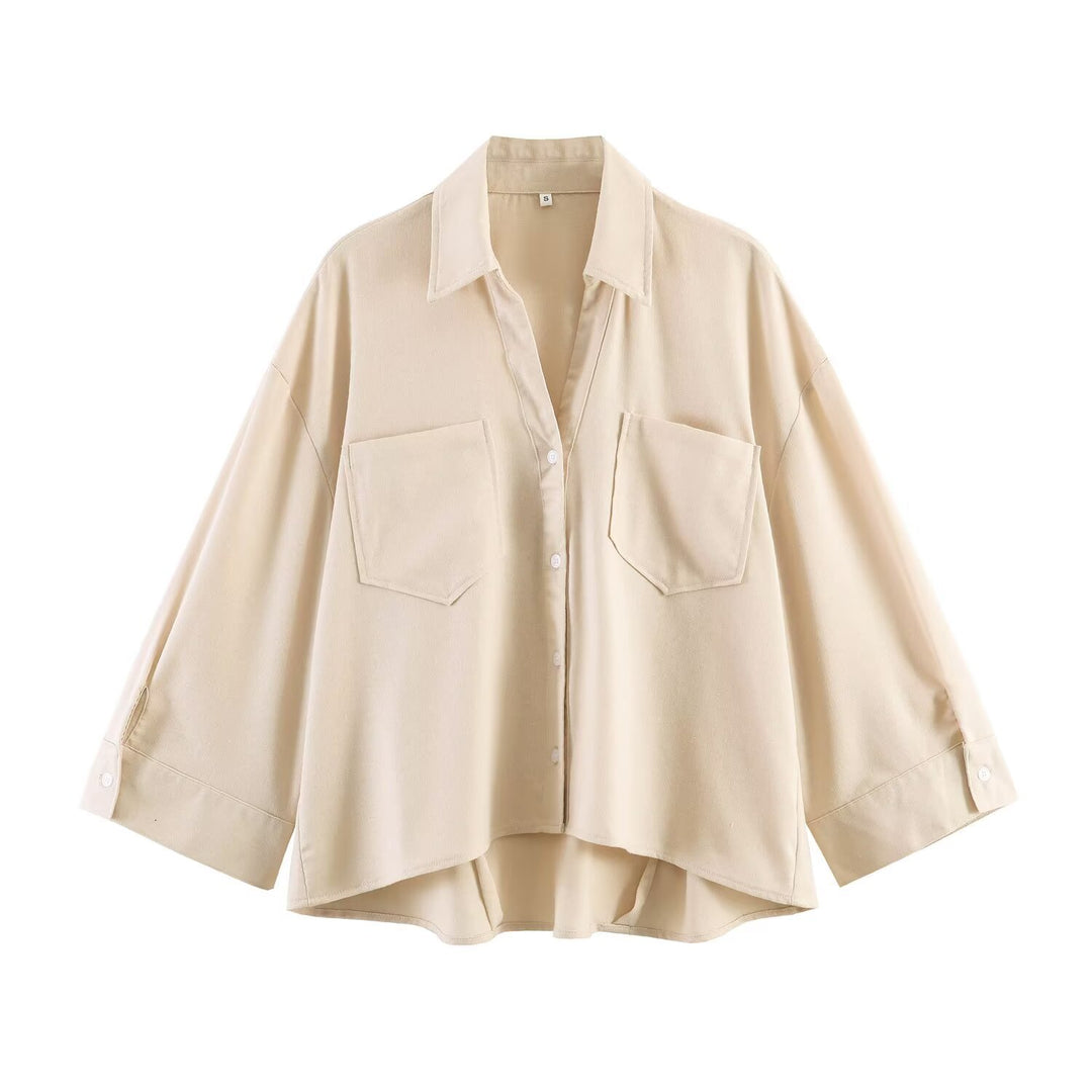 Damen Oversize-Hemdbluse mit großen Brusttaschen, überschnittener Schulter und High‑Low‑Saum Echo Archiv