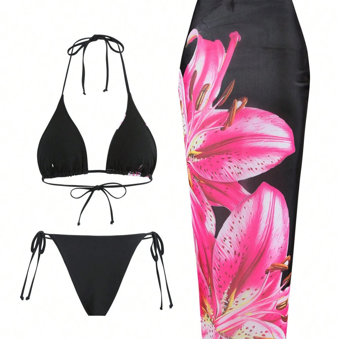 Damen Bikini-Set mit floralem Muster und passendem Wickelrock Echo Archiv