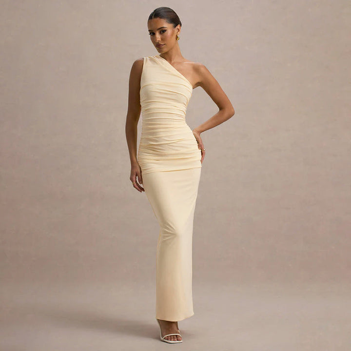 Damen schulterfreies Maxikleid mit Rüschendetails und figurbetonter Silhouette Echoarchiv