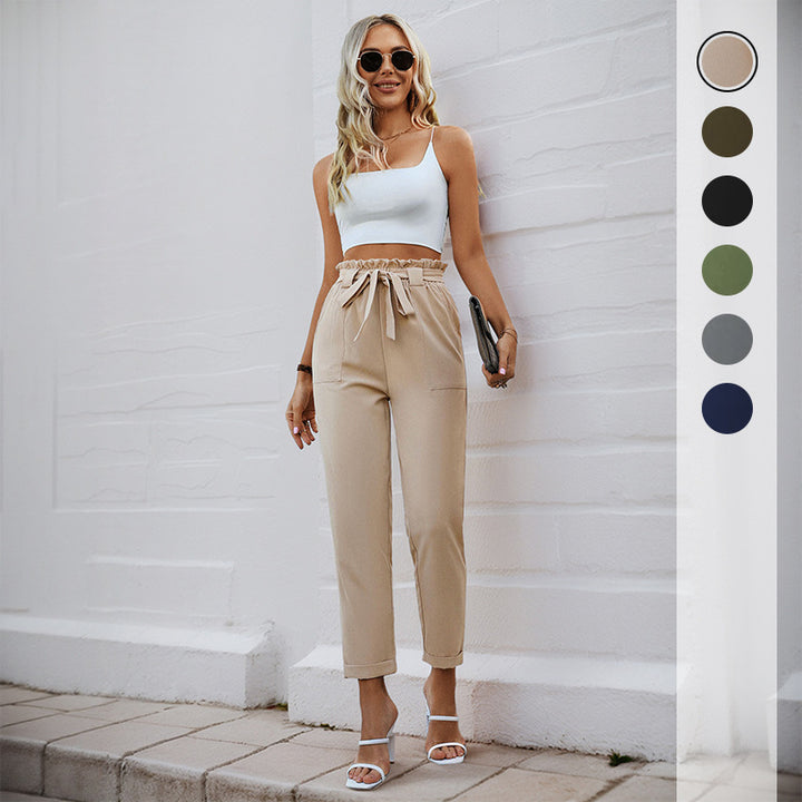 Damen Leichte Paperbag-Hose mit Gummibund, Bindegürtel und aufgesetzten Taschen Echoarchiv