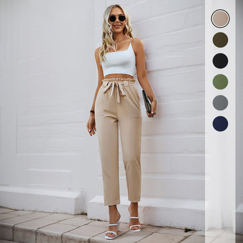 Damen Leichte Paperbag-Hose mit Gummibund, Bindegürtel und aufgesetzten Taschen Echoarchiv