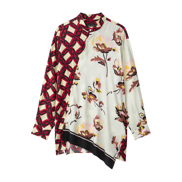 Damen Oversize Seidenoptik Bluse mit asymmetrischem Saum und Patchwork-Print Echo Archiv