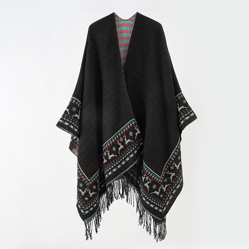Damen Wollmix-Kimono-Poncho mit Norwegerbordüre und Fransen Echo Archiv