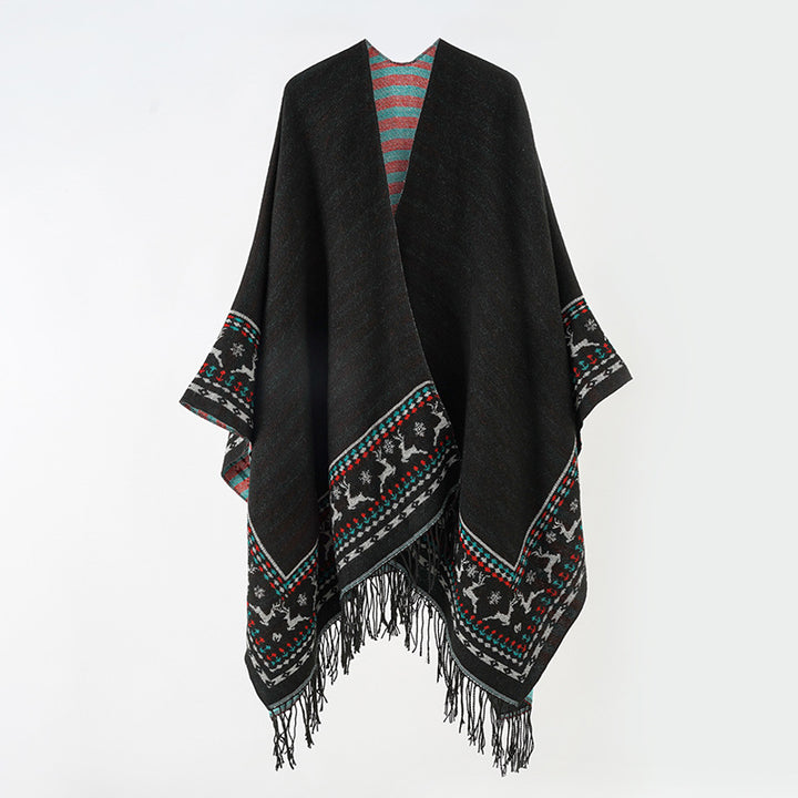 Damen Wollmix-Kimono-Poncho mit Norwegerbordüre und Fransen Echo Archiv