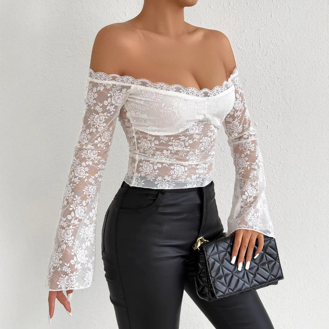 Damen Spitzenoberteil mit schulterfreiem Design und eleganten Trompetenärmeln Echo Archiv