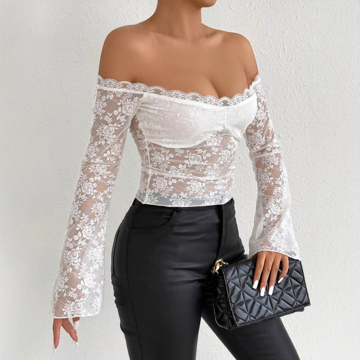 Damen Spitzenoberteil mit schulterfreiem Design und eleganten Trompetenärmeln Echo Archiv