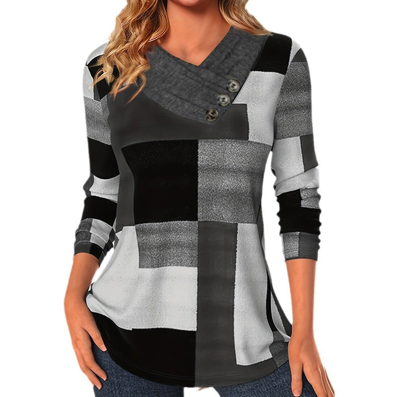 Damen Longsleeve-Tunika mit geometrischem Colorblock und asymmetrischem Knopf-V-Ausschnitt – Avérine