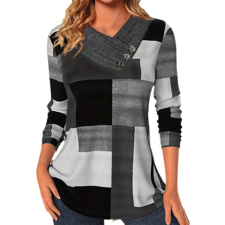 Damen Longsleeve-Tunika mit geometrischem Colorblock und asymmetrischem Knopf-V-Ausschnitt – Avérine