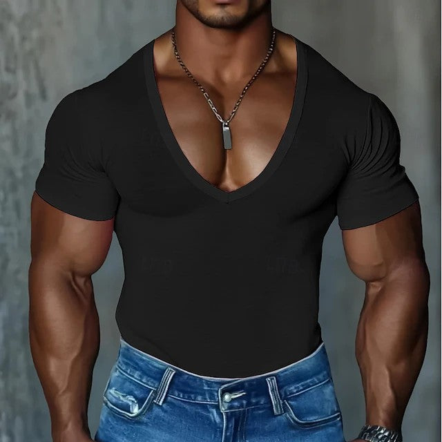 Herren Figurbetontes V-Ausschnitt T-Shirt aus leichtem Baumwollmix Echoarchiv