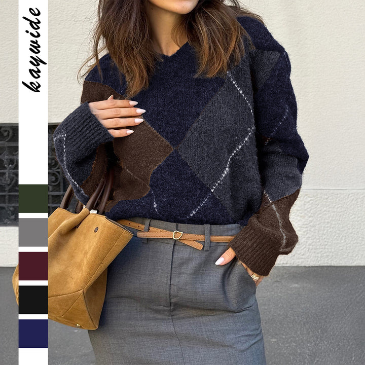 Damen oversized Argyle-Strickpullover mit kastigem Schnitt und geripptem Rundhalsausschnitt – Mavelle