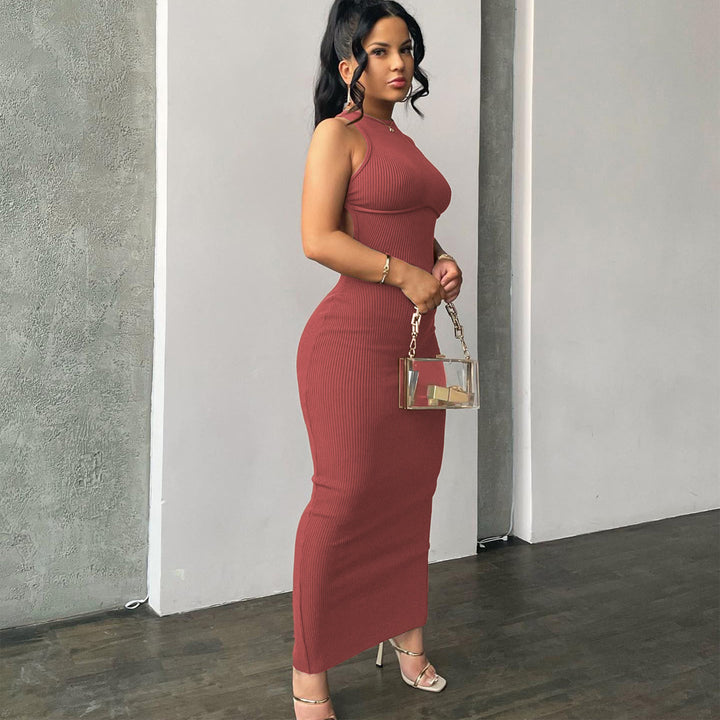 Damen körpernahes Strick-Maxi-Kleid mit raffiniertem Ausschnitt und langen Trägern Echo Archiv