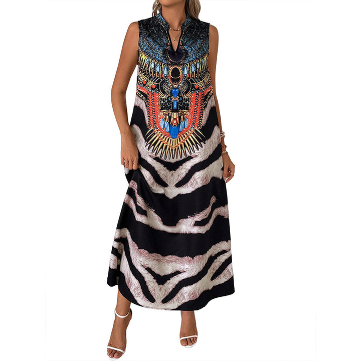 Damen Ärmelloses Maxikleid mit Statement-Halsdruck, Ethno‑Motiv und ausgestellter A‑Linien‑Silhouette Echoarchiv