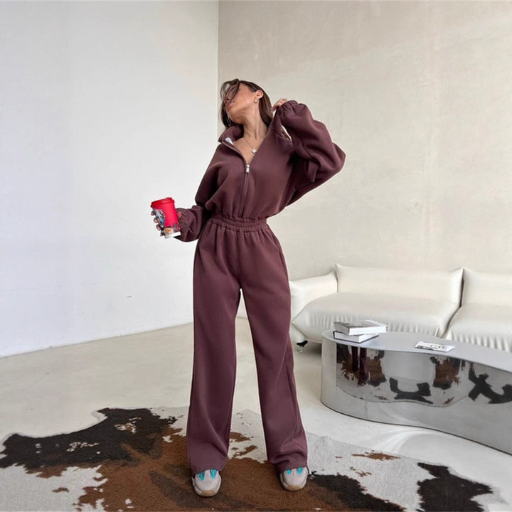 Damen Loungewear-Set mit halbem Reißverschluss, elastischem Taillenbund und weiter Jogginghose – Avérine