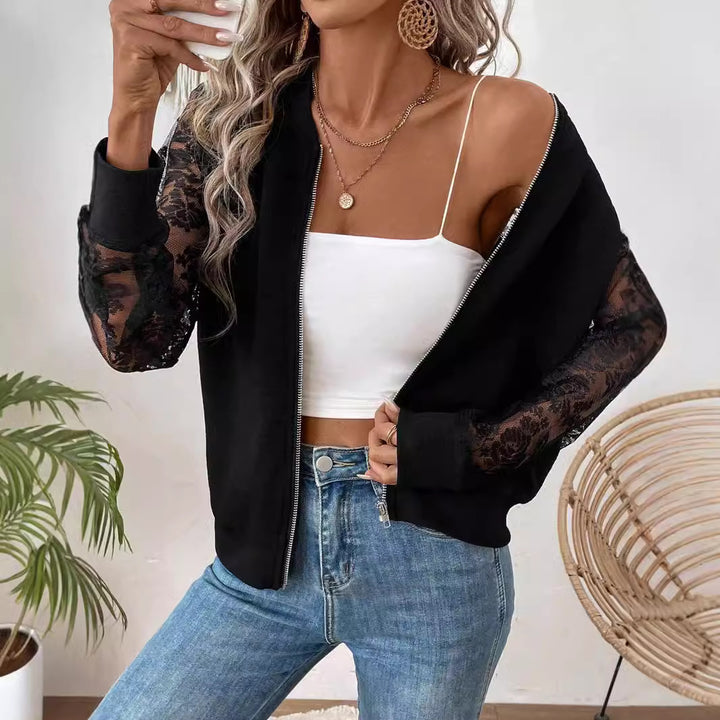 Damen nan leichte Bomberjacke mit floralen Spitzenärmeln und Reißverschluss Echo Archiv