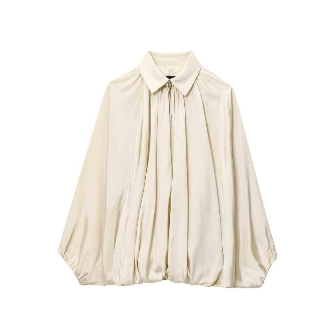 Damen Weite plissierte Hemdblusen-Jacke mit Hemdkragen, Reißverschluss und ballonförmigem Saum Echo Archiv