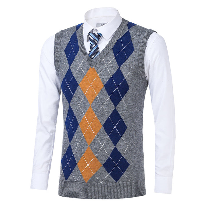 Herren klassischer V-Ausschnitt Strickpullover mit Rautenmuster Echoarchiv