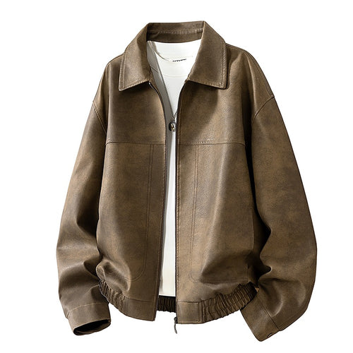 Herren Oversize Utility-Bomberjacke aus Kunstleder mit geripptem Saum und Hemdkragen Echoarchiv
