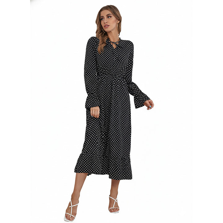 Damen Polka‑Dot Midikleid mit Schlüsselloch‑Detail, Smok‑Taille und Volantsaum – Élara