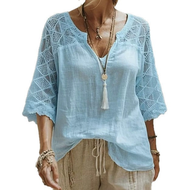 Damen nan locker fallende Tunika-Bluse im Boho-Stil mit gehäkelten Schulter- und Ärmeldetails Echo Archiv
