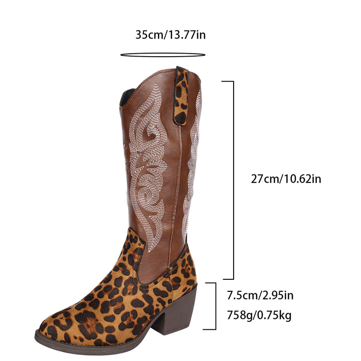 Damen Cowboystiefel im Western‑Look mit Leopardenmuster, besticktem Schaft und konischem Blockabsatz Echo Archiv