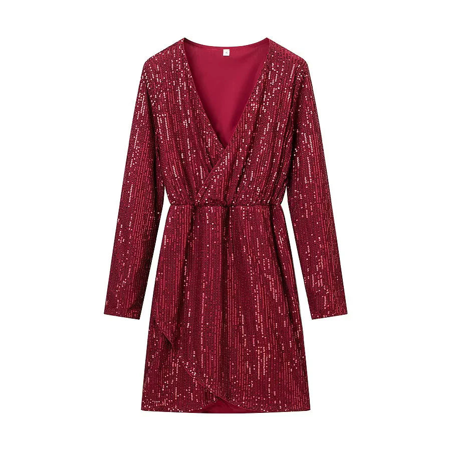 Damen Wickel-Minikleid mit Paillettenbesatz, tiefem V‑Ausschnitt und taillierendem Bindegürtel – Élara