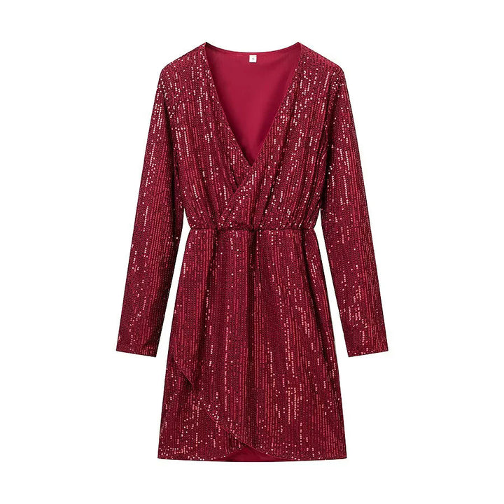 Damen Wickel-Minikleid mit Paillettenbesatz, tiefem V‑Ausschnitt und taillierendem Bindegürtel – Élara