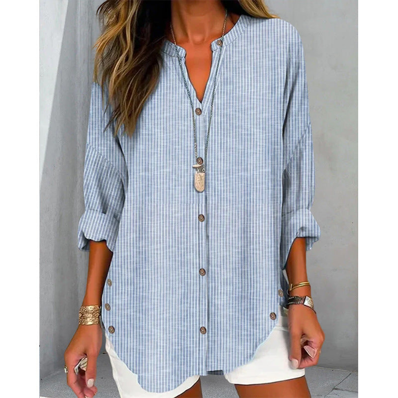 Damen Oversize Leinenlook Tunika Bluse mit Stehkragen und Knopfleiste – Élovi