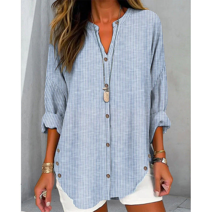 Damen Oversize Leinenlook Tunika Bluse mit Stehkragen und Knopfleiste – Élovi