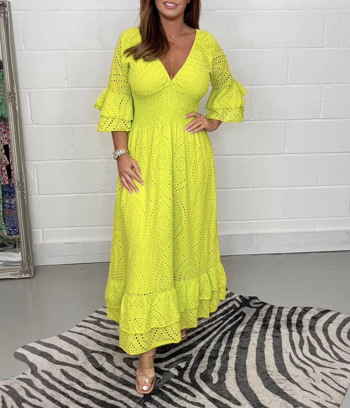 Damen Maxikleid mit floraler Lochstickerei und weiten Ärmeln Echo Archiv